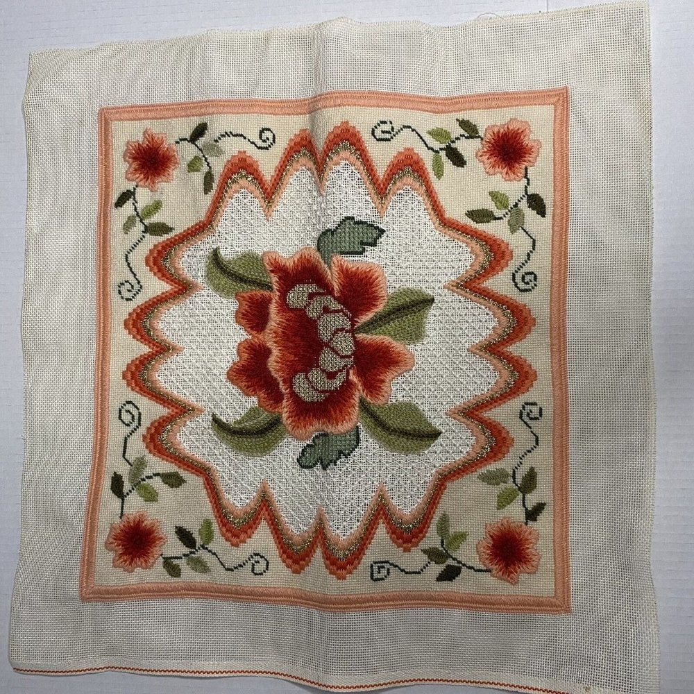Embroidered‎ orange peony flower crewel pillow top art needlepoint crewel peach